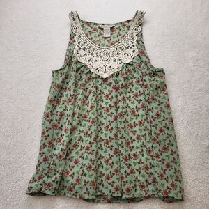 Fun and Flirt Green Floral Tank Top Blouse with Lace Women's Size Medium/M